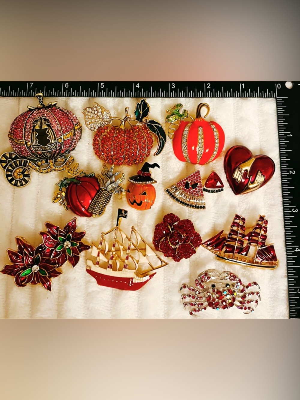 12pc Vintage Style Brooch Pin Lot Pumpkin Halloween Nautical Rhinestone Enamel